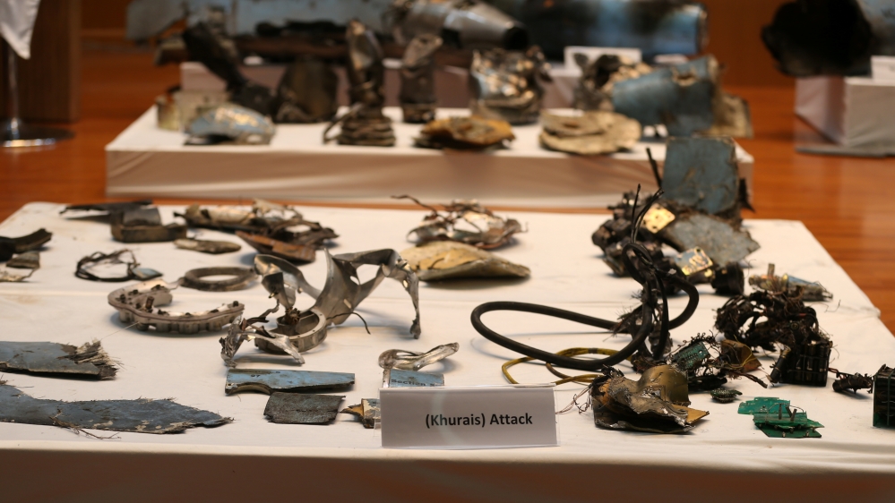 Remains of the missiles which Saudi government says were used to attack an Aramco oil facility, are displayed during a news conference in Riyadh