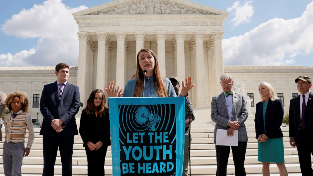 Plaintiff Kelsey Juliana speaks at the Supreme Court in Washington