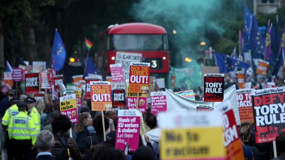 Anti-Brexit protesters attend a demonstration outside the Houses of Parliament, in London, Britain September 3, 2019