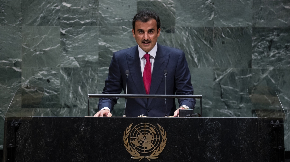 Emir of Qatar Sheikh Tamim bin Hamad al-Thani speaks during the 74th Session of the United Nations General Assembly at UN Headquarters in New York, September 24, 2019. Johannes EISELE / AFP