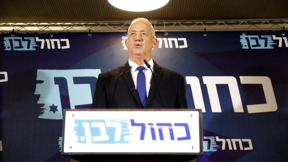 Benny Gantz, leader of Blue and White, delivers a statement before his party faction meeting in Tel Aviv, Israel