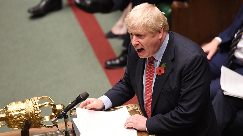 A handout picture released by the UK Parliament shows shows Britain''s Prime Minister Boris Johnson speaking in the House of Commons in London on October 29, 2019, during a debate on the Early Parliame