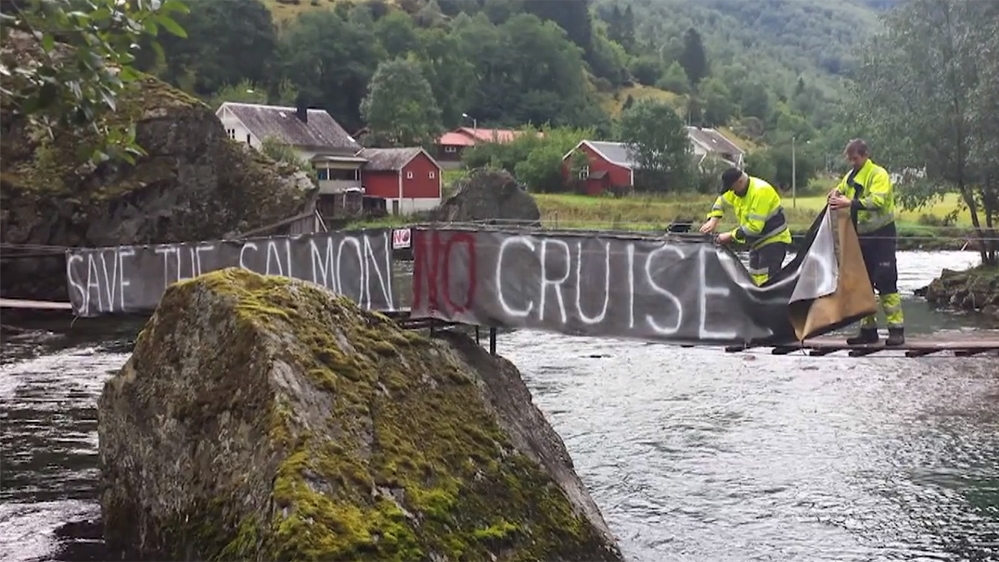 Norwegian farmer Anders Fretheim has placed placards on his land in protest against cruise ships