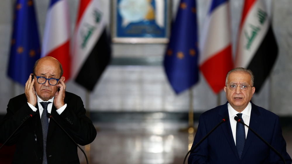 French Foreign Minister Jean-Yves Le Drian speaks during a news conference with Iraqi Foreign Minister Mohamed Ali Alhakim at the Ministry of Foreign Affairs in Baghdad, Iraq October 17, 2019. REUTERS