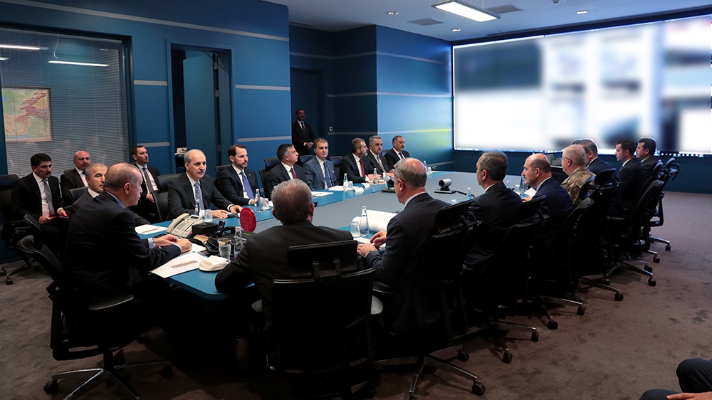 Turkish President Recep Tayyip Erdogan (L) chairs the Coordination meeting with the attendance of Turkish National Defense Minister Hulusi Akar and officials in Ankara, Turkey on October 09, 2019. Tur