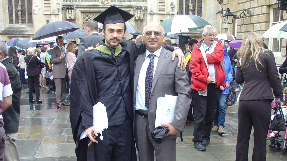Aryan Ashoori poses for a picture with his father Anoosheh Ashoori, after graduating with a BEng (Hons) in Civil Engineering; 2012, the University of Bath, UK (photo: by Aryan''s sister, Elika Ashoori)
