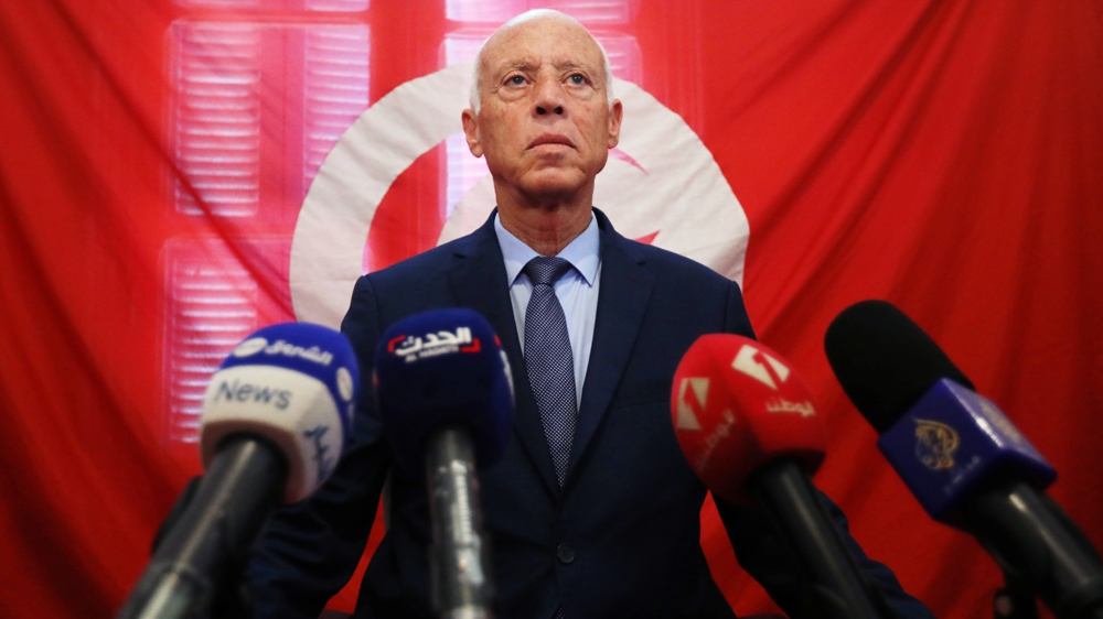 Presidential candidate Kais Saied speaks as he attends a news conference after the announcement of the results in the first round of Tunisia''s presidential election in Tunis