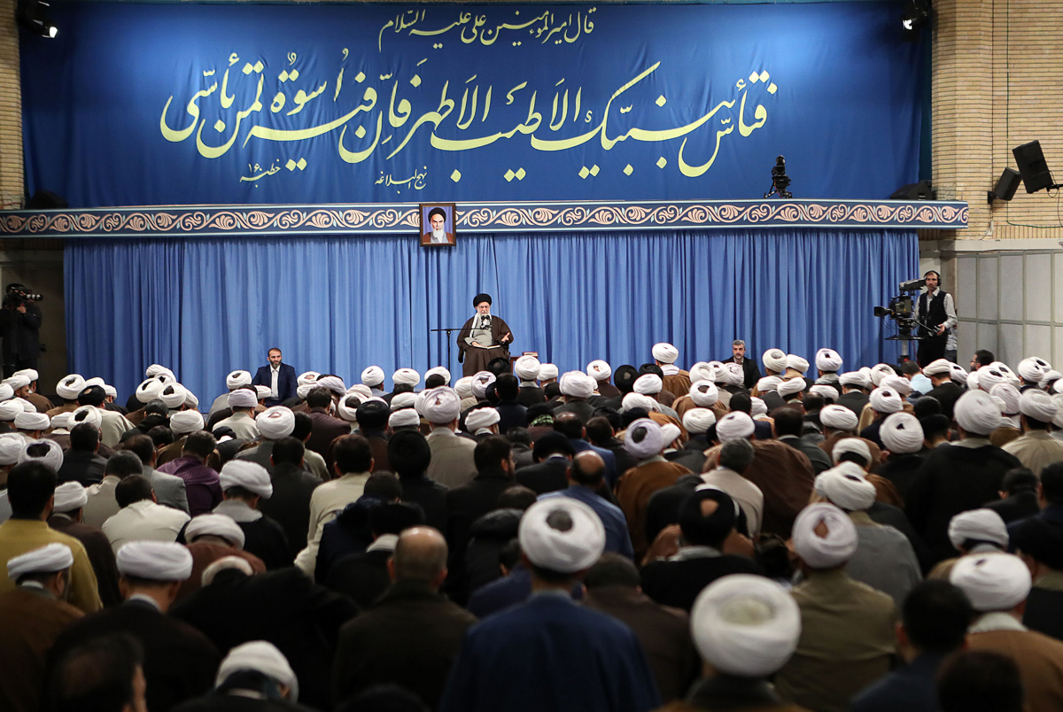 A handout picture provided by the office of Iran''s Supreme Leader Ayatollah Ali Khamenei on November 17, 2019 shows him during speaking during a meeting with clerics at his Islamic Thoughts lecture in