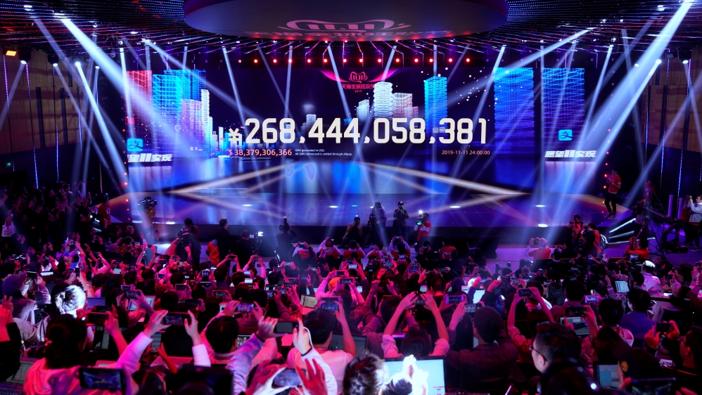 Screen shows the value of goods being transacted during Alibaba Group''s Singles'' Day global shopping festival at the company''s headquarters in Hangzhou