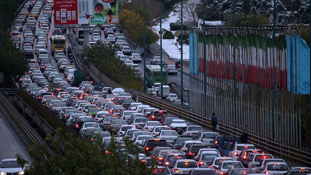 A highway is blocked by vehicles as protests block the roads following fuel price increase in Tehran, Iran, 16 November 2019. Media reported that people protested on highways after the government inc