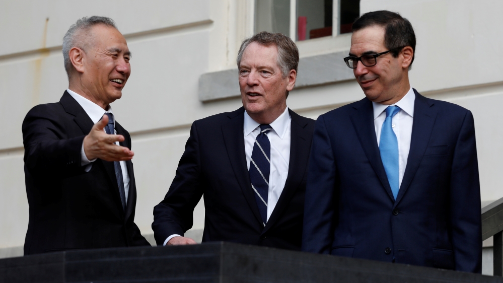 U.S. Treasury Secretary Steve Mnuchin greets China''s Vice Premier Liu He