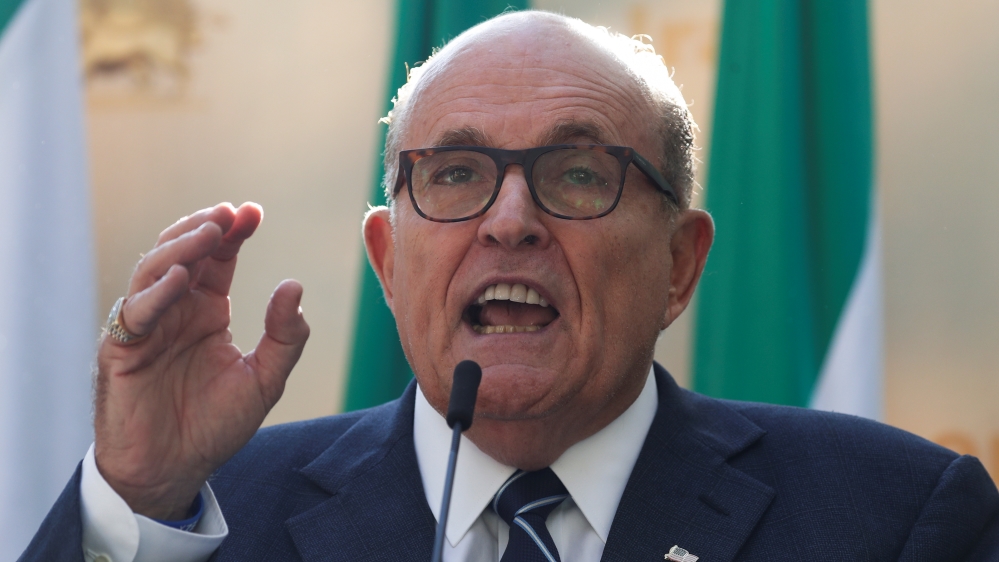 Former New York City Mayor Rudy Giuliani speaks during a rally to support a leadership change in Iran outside the U.N. headquarters in New York City