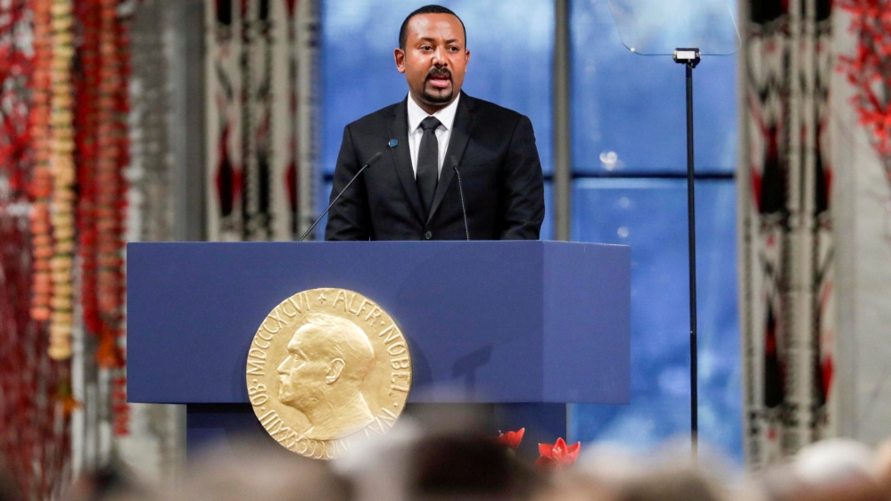 Nobel Peace Prize Laureate Ethiopian Prime Minister Abiy Ahmed Ali delivers his speach during the awarding ceremony in Oslo City Hall
