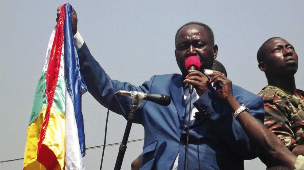 Central African Republic President Bozize speaks to supporters and anti-rebel protesters during an appeal for help, in Bangui