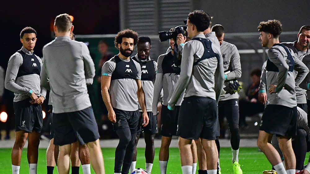 Liverpool's Egyptian midfielder Mohamed Salah (C) takes part in a team training session at Qatar University stadium in the capital Doha on December 16, 2019, ahead of the December 18 FIFA Club World C