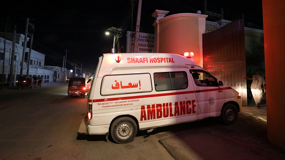 An ambulance carrying an injured person from an attack by Al Shabaab gunmen on a hotel near the presidential residence arrives to the Shaafi hospital in Mogadishu, Somalia December 10, 2019. REUTERS/F