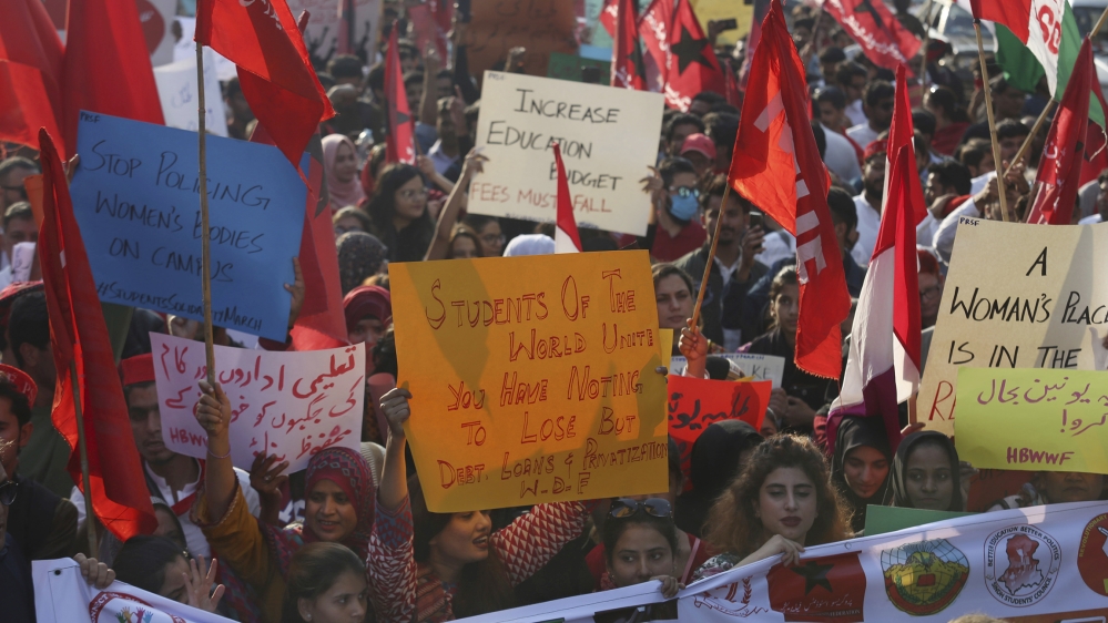 Pakistani students and civil society activists rally against ban on students'' unions in Karachi, Pakistan, Friday, Nov. 29, 2019. Students backed by rights activists are holding rallies across the cou