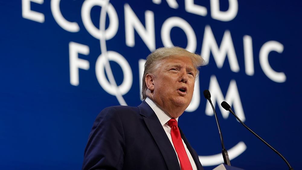 President Donald Trump delivers the opening remarks at the World Economic Forum, Tuesday, Jan. 21, 2020, in Davos. (AP Photo/ Evan Vucci)