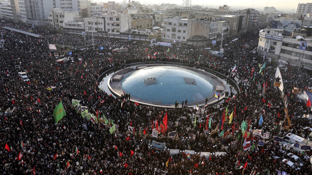 Mourners attend a funeral ceremony for Iranian Gen. Qassem Soleimani and his comrades, who were killed in Iraq in a U.S. drone strike on Friday, at the Enqelab-e-Eslami (Islamic Revolution) Square in 