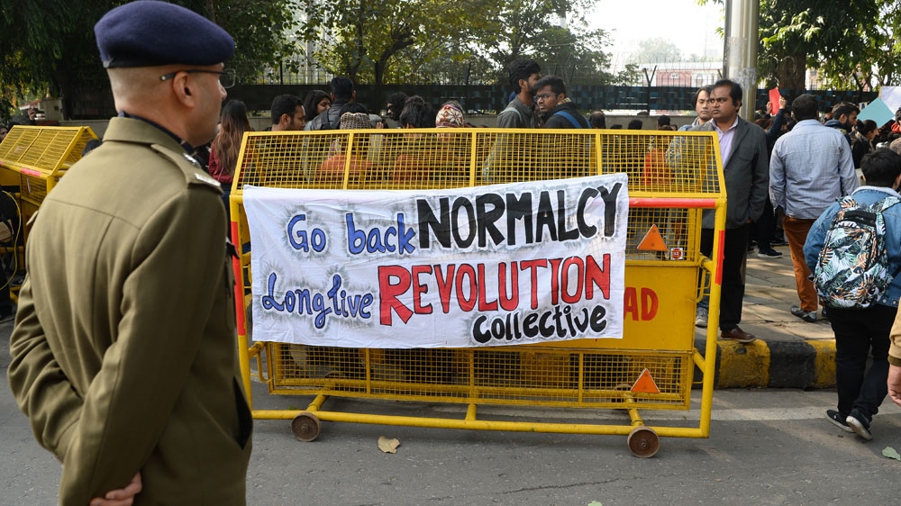 Delhi protest banner