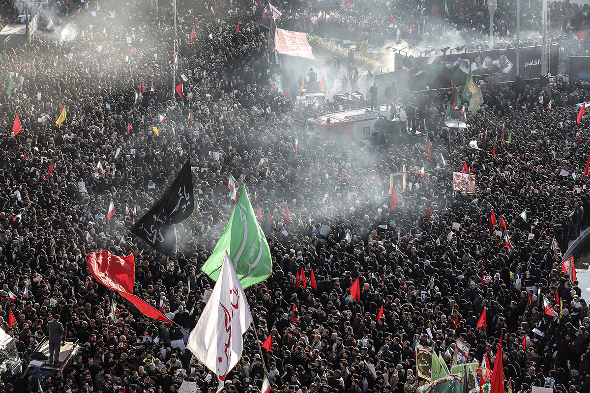 Mourners attend a funeral ceremony for Iranian Gen. Qassem Soleimani and his comrades, who were killed in Iraq in a U.S. drone strike on Friday, at the Enqelab-e-Eslami (Islamic Revolution) square in