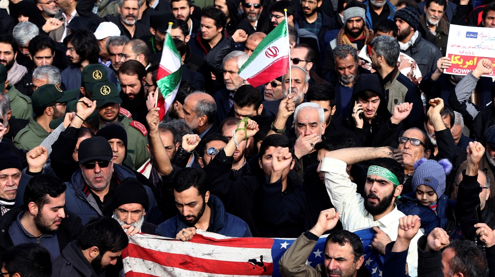 Demonstrators attend a protest against the assassination of the Iranian Major-General Qassem Soleimani, head of the elite Quds Force, and Iraqi militia commander Abu Mahdi al-Muhandis who were killed