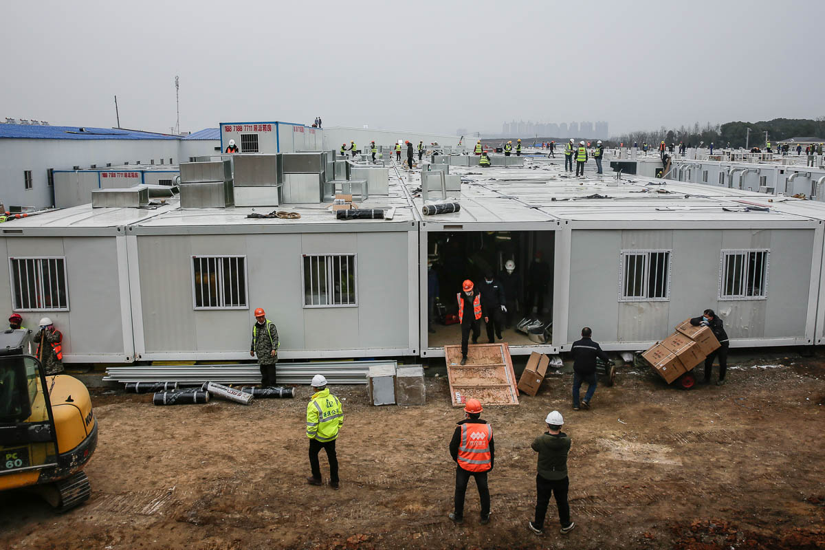 WUHAN, CHINA - FEBRUARY 03: Workers build hospital on February 3, 2020 in Wuhan, China. After only 10 days of construction, Wuhan Huoshenshan Hospital was officially completed and delivered, and on Fe