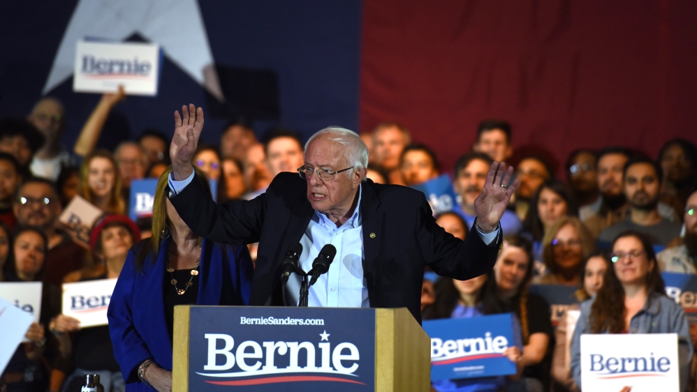 U.S. Democratic presidential candidate Senator Bernie Sanders celebrates after being declared the winner of the Nevada Caucus as he holds a campaign rally in San Antonio