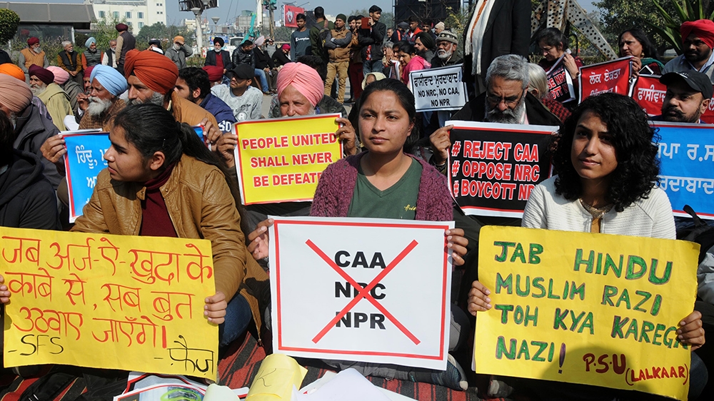 Indian people take part in a protest organised by Citizen Forum Amritsar, against Citizenship Amendment Act (CAA), National Register of Citizens (NRC) and National Population register (NPR) in Amritsa