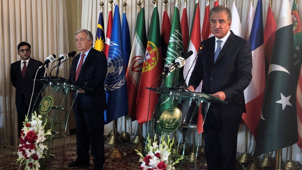 Pakistan''s Foreign Minister Shah Mahmood Qureshi and United Nations Secretary-General Antonio Guterres address a joint news conference, in Islamabad
