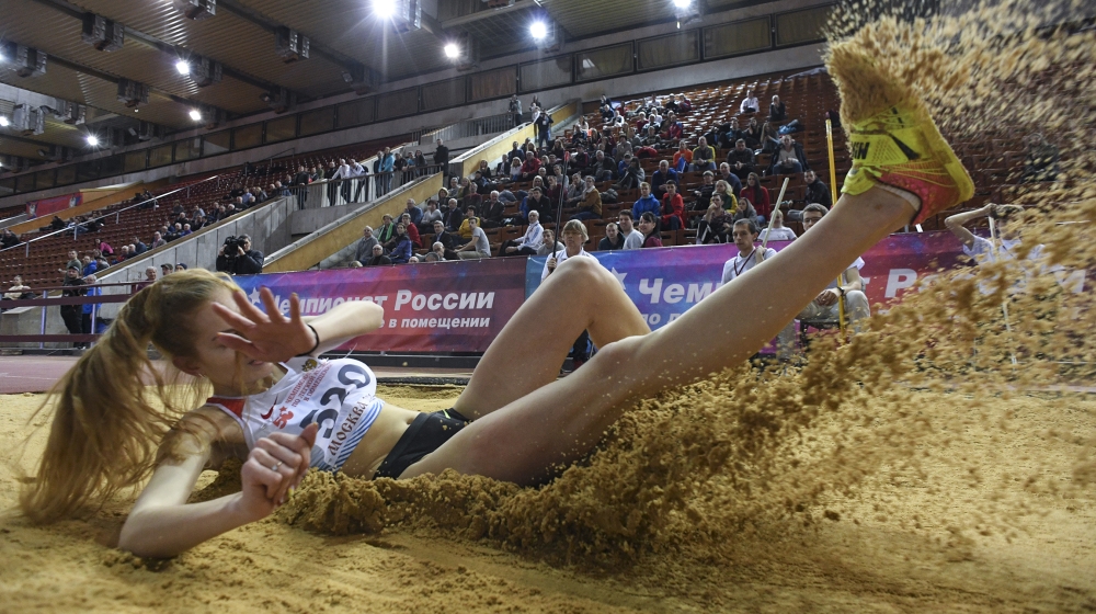 Russia''s Maria Privalova competes in the women''s triple jump event during the national athletics indoor championships in Moscow on February 27, 2020. The Russian Athletics Federation will hold an extr