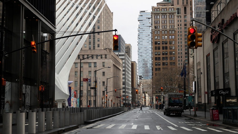A nearly deserted Church Street in the financial district in lower Manhattan is seen during the outbreak of the coronavirus disease (COVID-19) in New York City, New York, U.S., April 3, 2020. REUTERS/