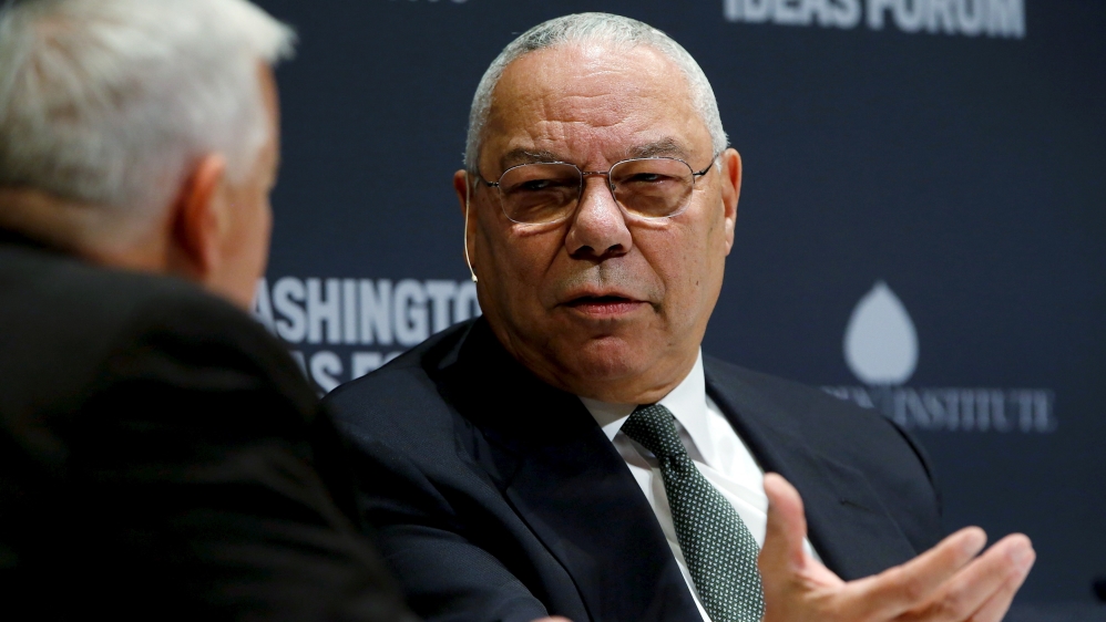 Former U.S. Secretary of State Powell takes part in an onstage interview with Aspen Institute President and CEO Isaacson at the Washington Ideas Forum in Washington