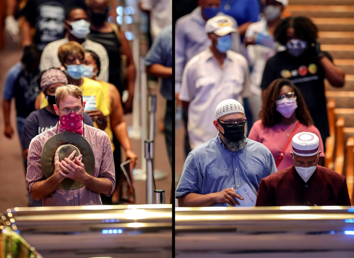 epa08473586 A mourner reacts as he views the casket during a public visitation for George Floyd at the Fountain of Praise church, in Houston, Texas, USA, 08 June 2020. A bystander''s video posted onlin