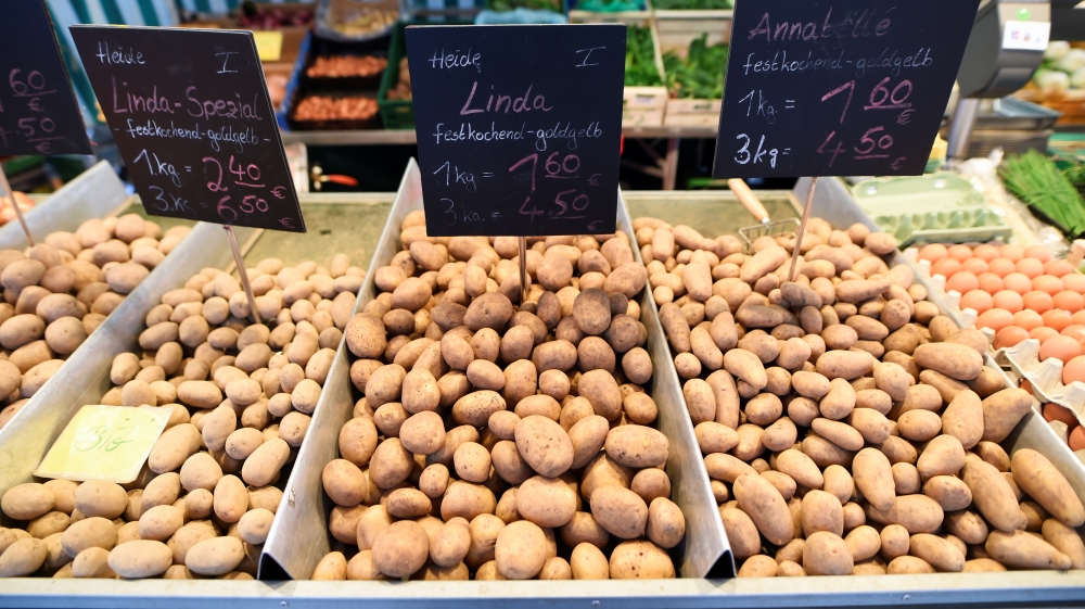 Potatoes are offered on a farmer's market during the outbreak of coronavirus disease (COVID-19) in Hamburg