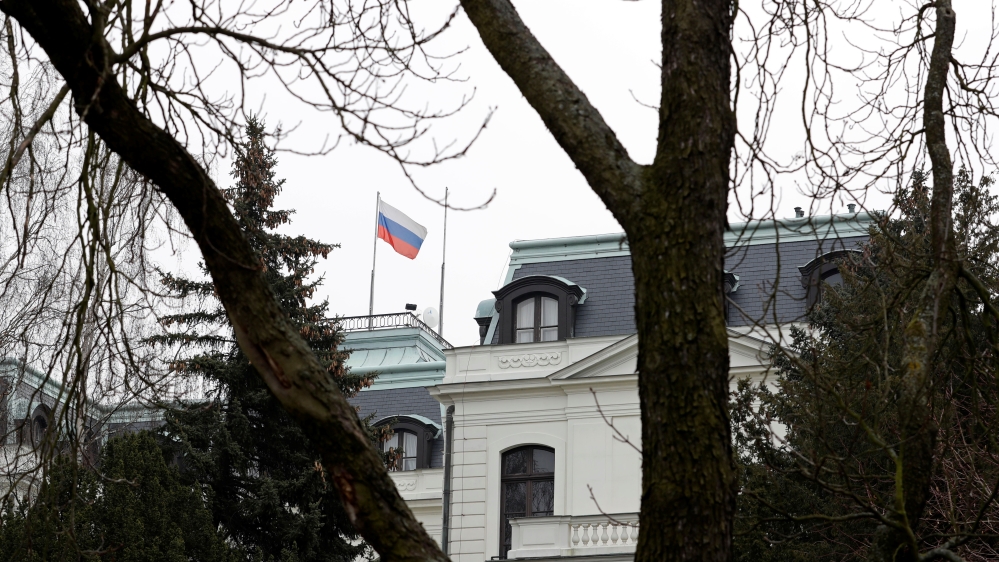 A national flag of Russia flies on the Russian embassy in Prague