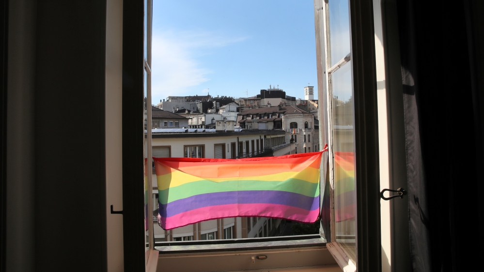 A rainbow flag is pictured on the window at Vogay in Lausanne