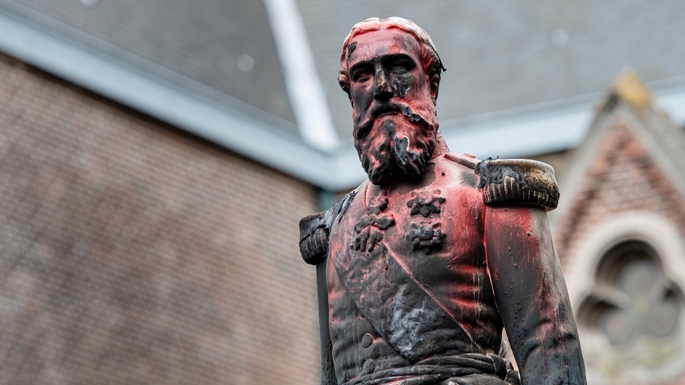 Damaged sculpture of former Belgian King Leopold II