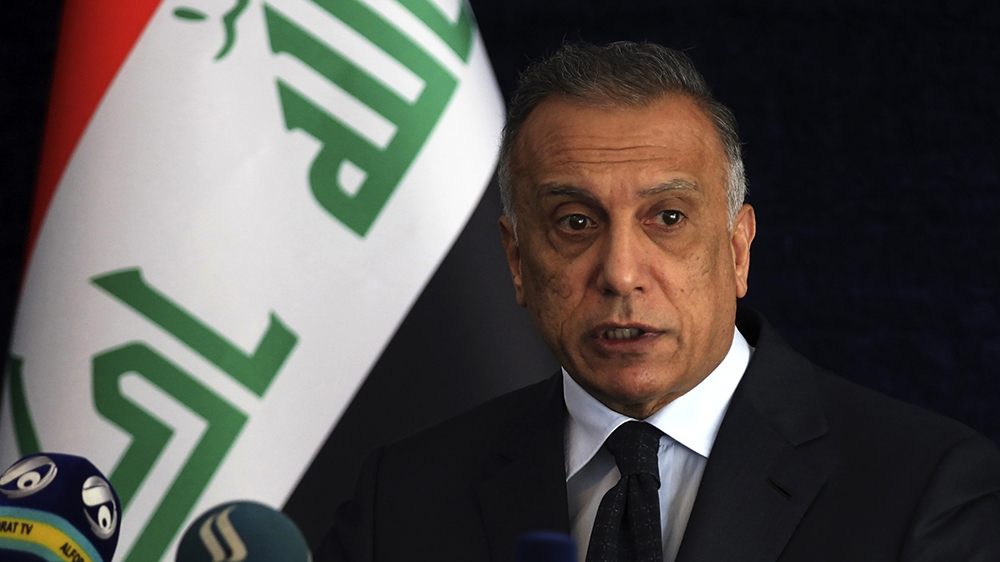 epa08548068 Iraqi Prime Minister Mustafa al-Kadhemi speaks during a press conference in Basra, southern Iraq, 15 July 2020. Al-Kadhimi arrived in Basra governorate to attend a Council of Ministers me