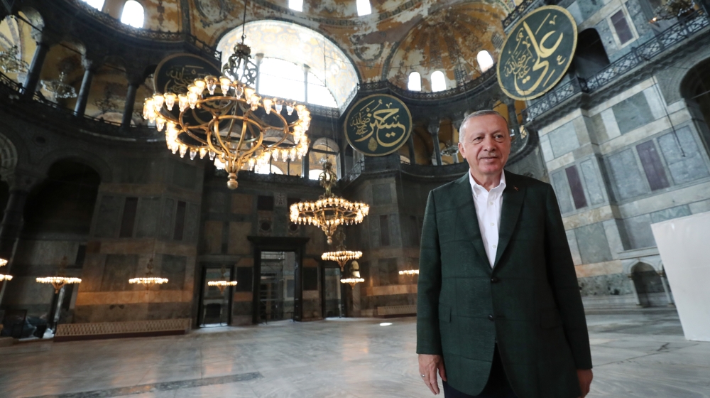This handout picture released by the Turkish Presidential press office shows Turkish President Tayyip Erdogan visiting Hagia Sophia monument in Istanbul, on July 19, 2020. Turkey''s Hagia Sophia will o