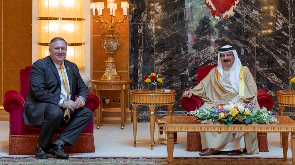 US Secretary of State, Mike Pompeo meets with Bahrain King Hamad bin Isa Al Khalifa during his visit to Manama, Bahrain, August 26, 2020. Bahrain News Agency/Handout via REUTERS