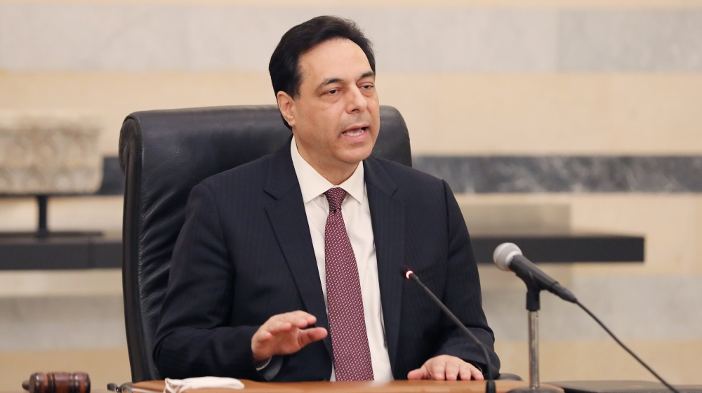 Lebanon''s Prime Minister Hassan Diab speaks during a news conference at the government palace in Beirut, Lebanon May 21, 2020. Dalati Nohra/Handout via REUTERS