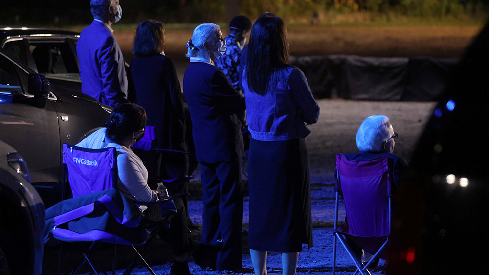 Biden townhall people gather