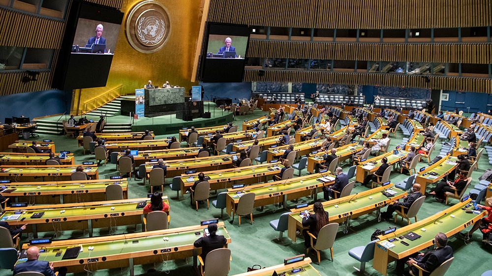 epa08686956 A handout photo made available by UN photo shows a view of the 75th General Assembly of the United Nations, in New York, New York, USA, 21 September 2020. Due to the COVID-19 coronavirus p