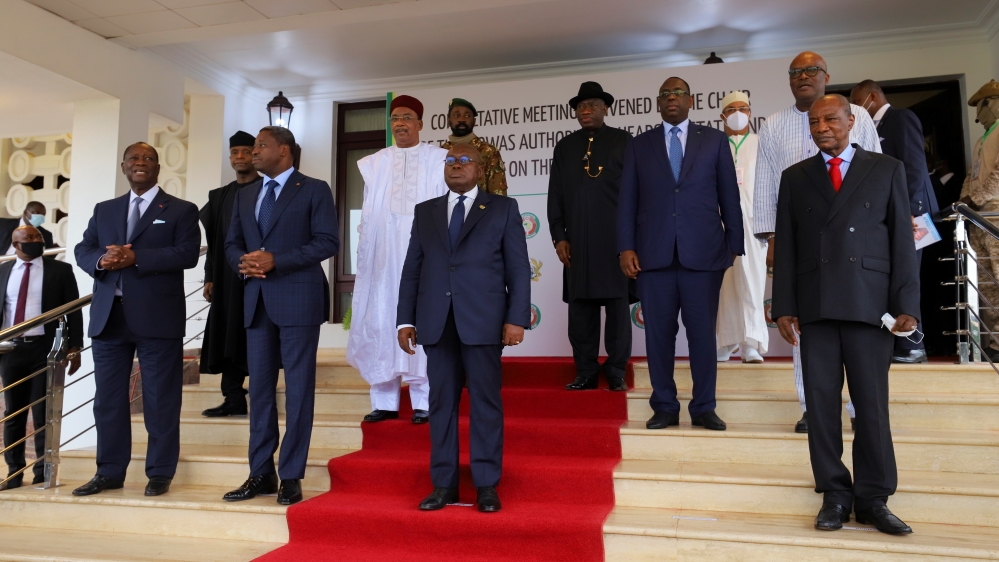 Heads of state of the Economic Community of West African States (ECOWAS) pose after a consultative meeting in Accra