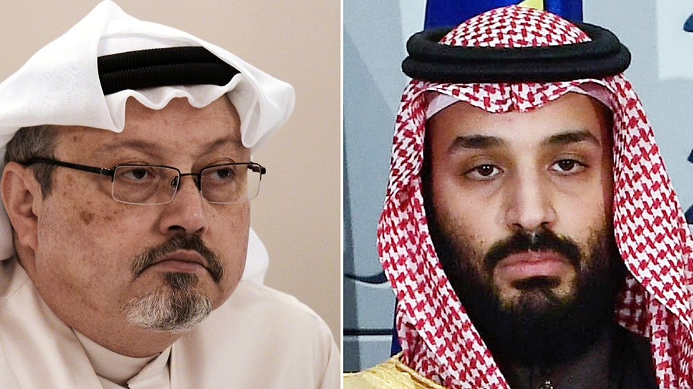 a file photo taken on December 15, 2014 of Saudi journalist Jamal Khashoggi (L) during a press conference in the Bahraini capital Manama and a file photo taken on April 12, 2018 of Saudi Arabia''s crow