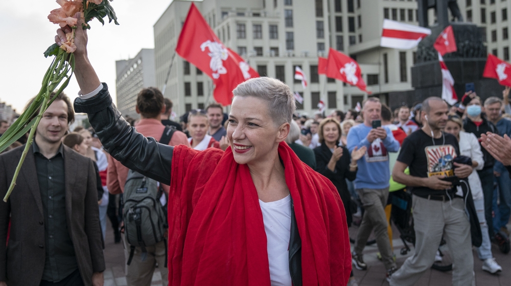 Maria Kolesnikova, Tsikhanouskaya''s top associated greats to protestors during a protest rally in front of the government building at Independent Square in Minsk, Belarus, Saturday, Aug. 22, 2020. Dem