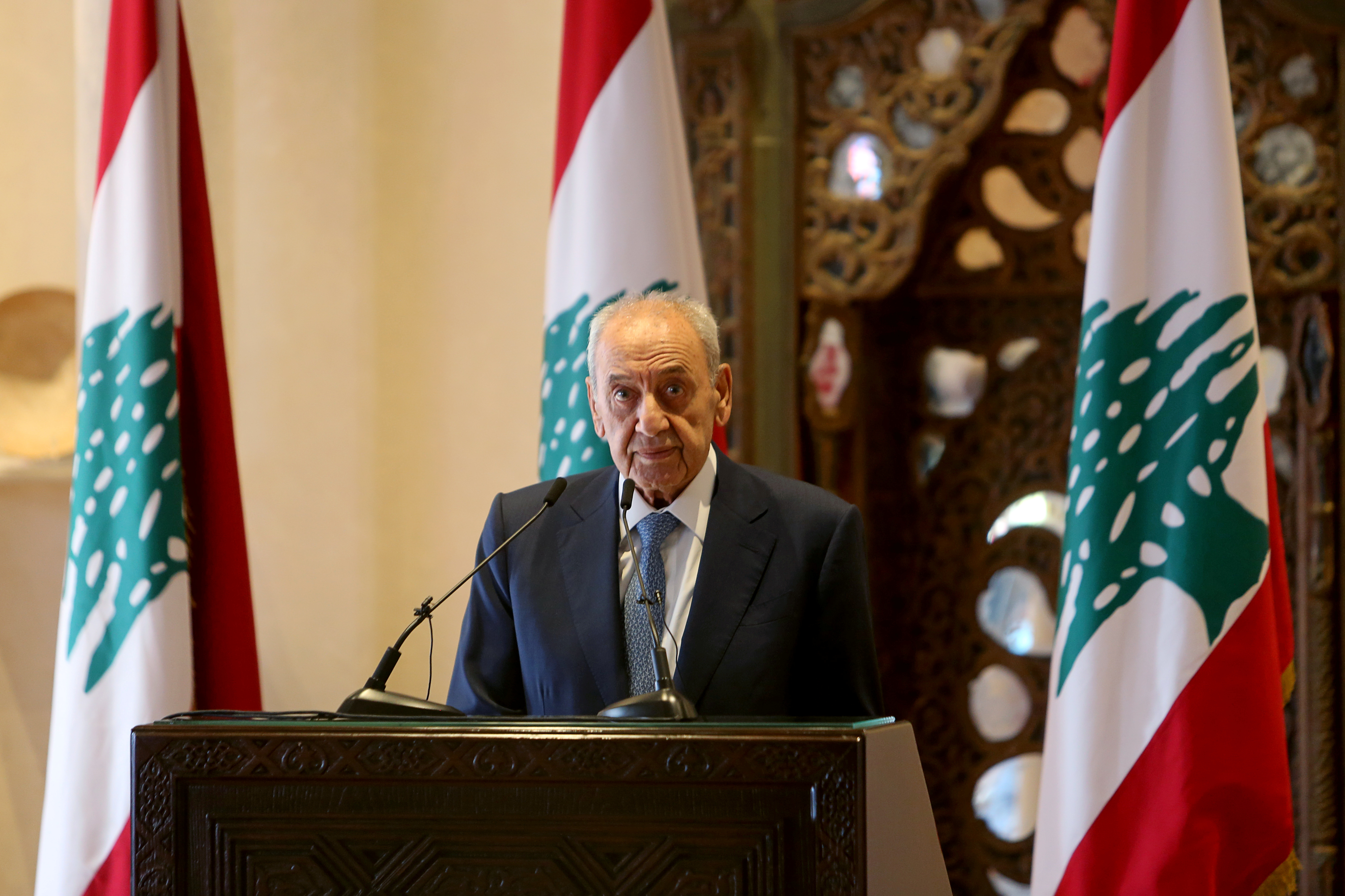 Lebanon's parliament speaker Nabih Berri looks on during a news conference in Beirut, Lebanon October 1, 2020. REUTERS/Aziz Taher