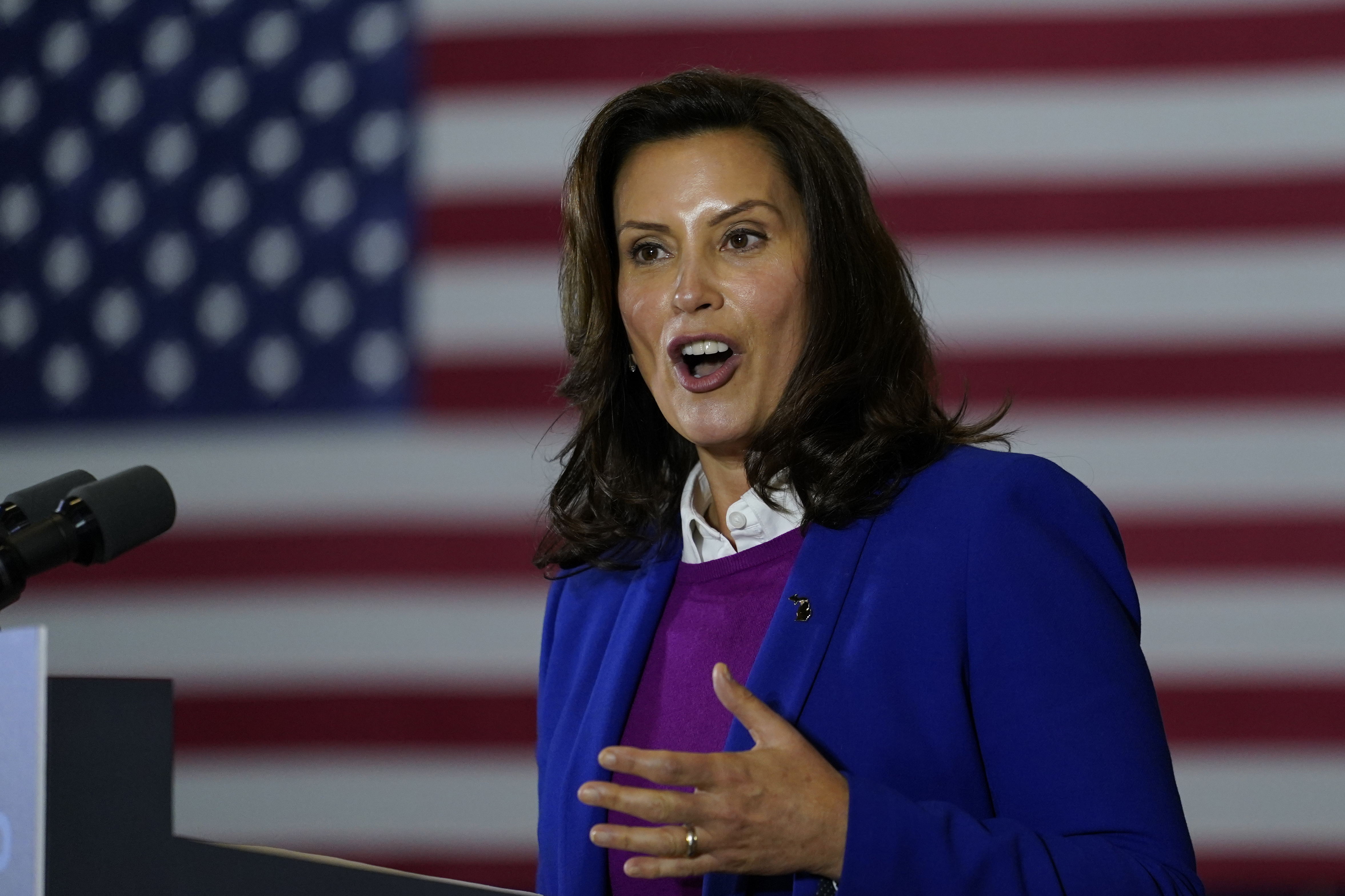 Michigan Governor Gretchen Whitmer speaks at Beech Woods Recreation Center, in Southfield, Michigan.