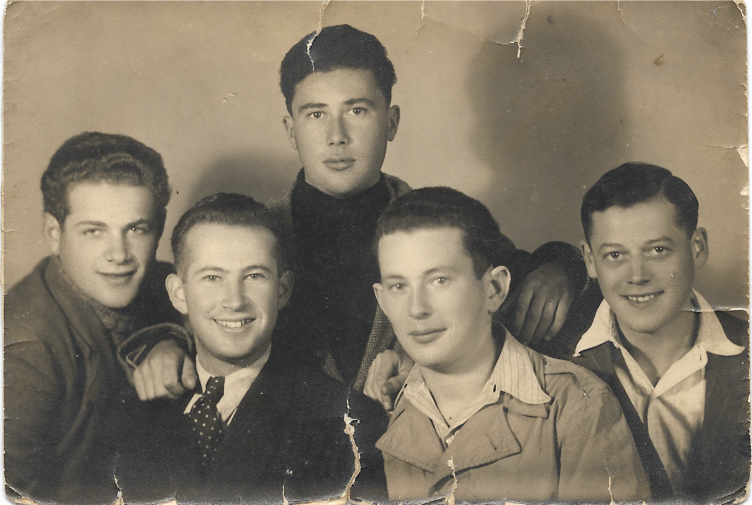 On the right, Moses Turner, the father of Tali Nates, with other Holocaust survivors. This photograph was taken after liberation in 1945 [Photo courtesy of Tali Nates]